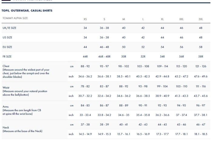 Tommy hilfiger mens dress shirt size chart