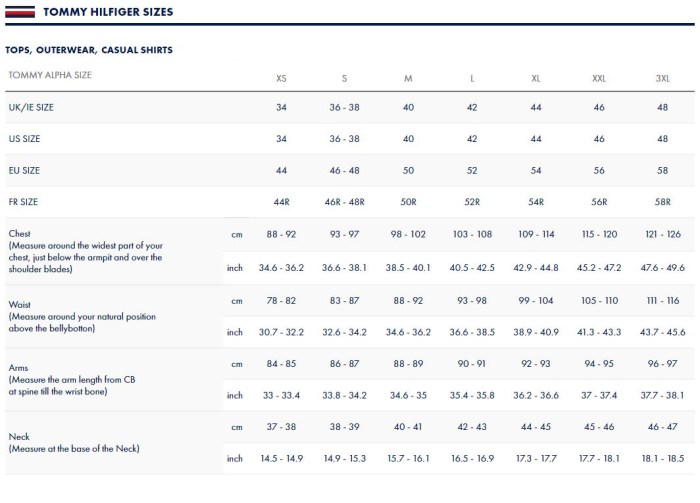 Tommy hilfiger mens dress shirt size chart